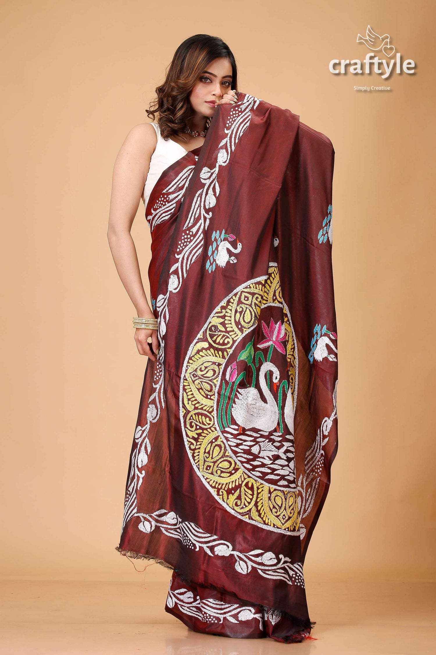 Livid Brown Swan Motif Silk Kantha Work Saree - Craftyle