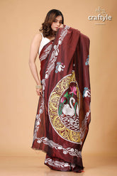 Livid Brown Swan Motif Silk Kantha Work Saree - Craftyle