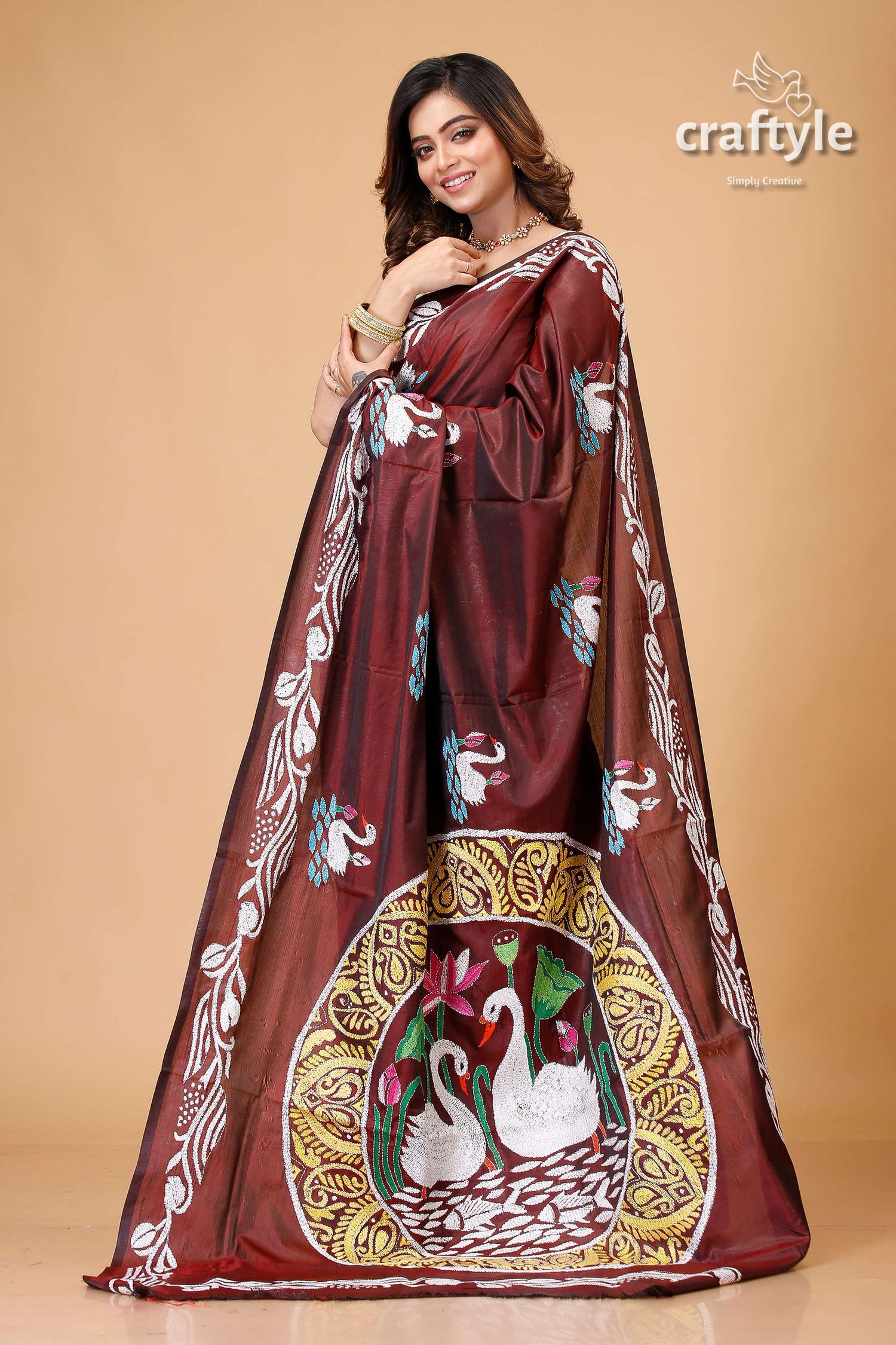 Livid Brown Swan Motif Silk Kantha Work Saree - Craftyle