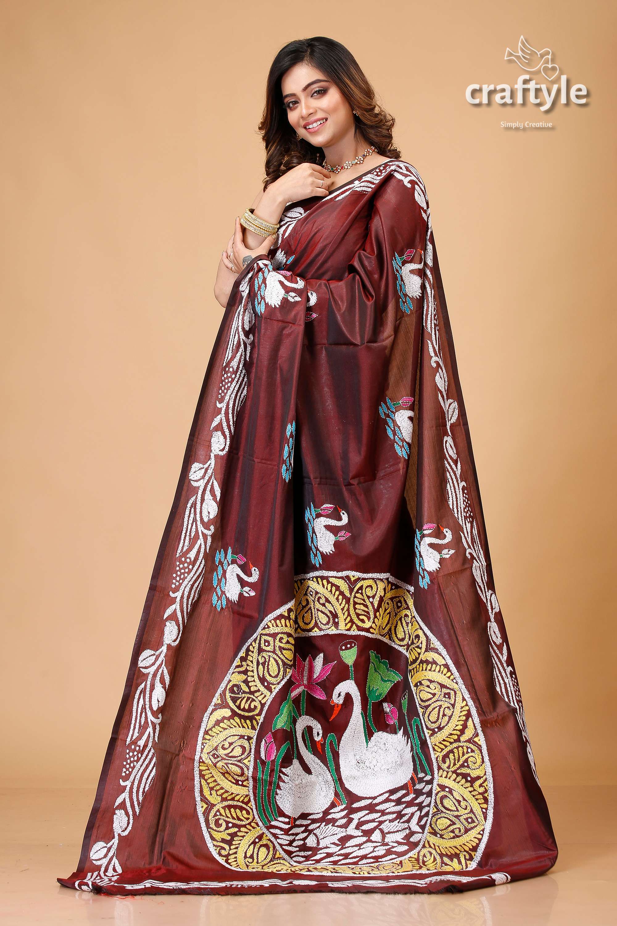 Livid Brown Swan Motif Silk Kantha Work Saree - Craftyle