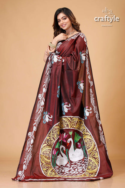 Livid Brown Swan Motif Silk Kantha Work Saree - Craftyle