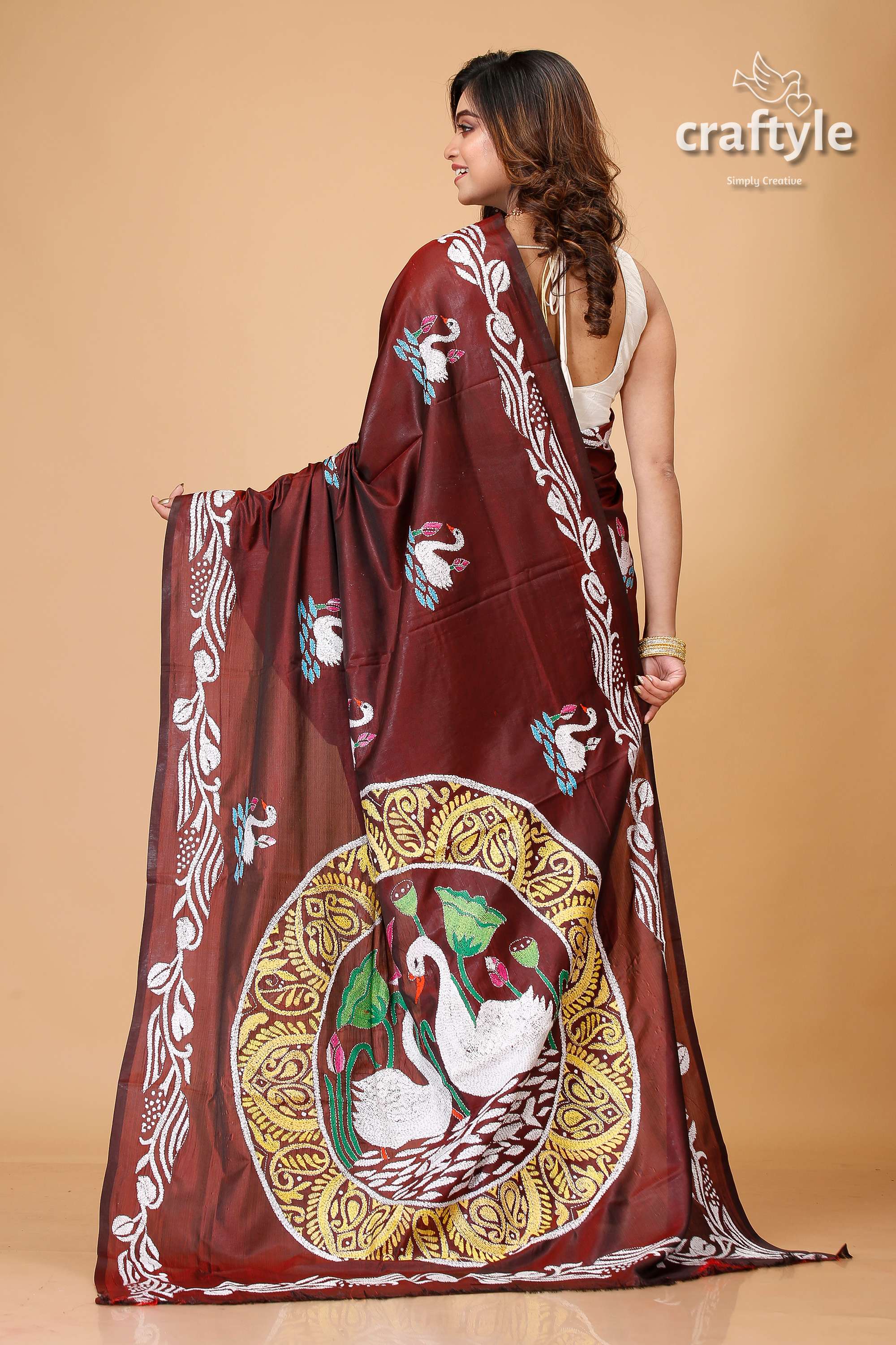 Livid Brown Swan Motif Silk Kantha Work Saree - Craftyle