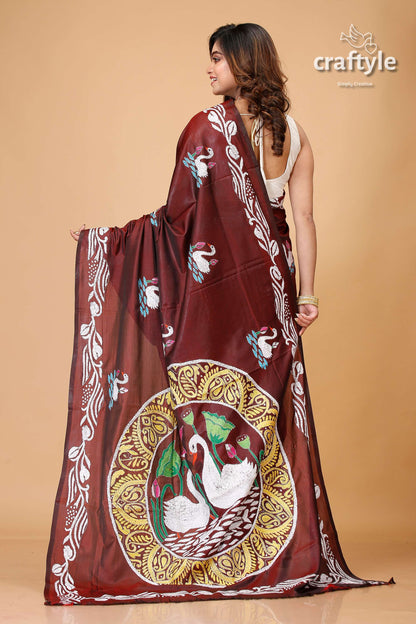 Livid Brown Swan Motif Silk Kantha Work Saree - Craftyle