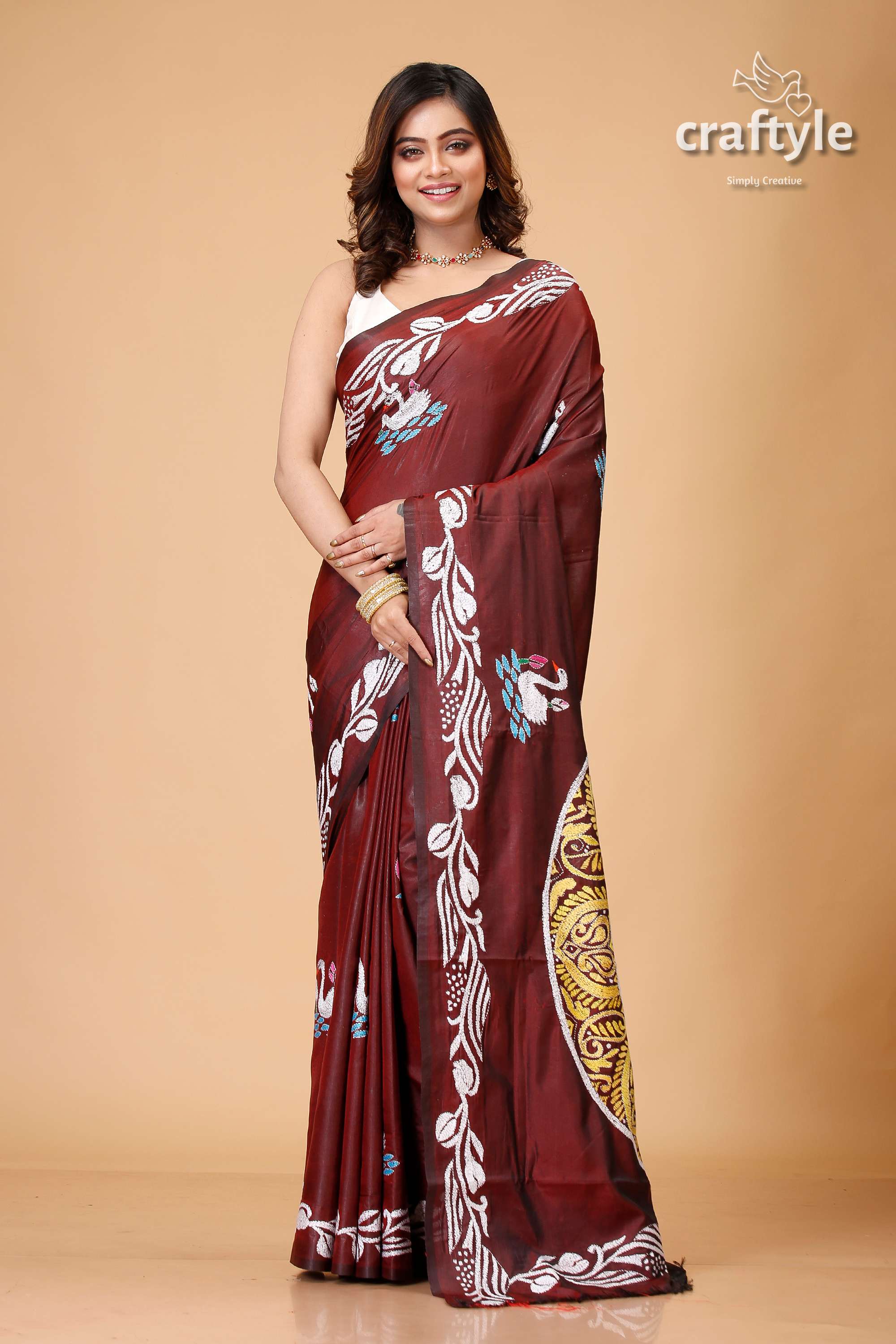Livid Brown Swan Motif Silk Kantha Work Saree - Craftyle