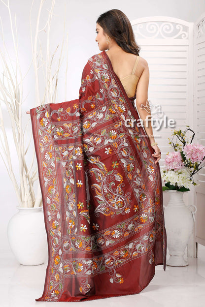 Livid Brown Traditional Silk Kantha Work Saree - Craftyle
