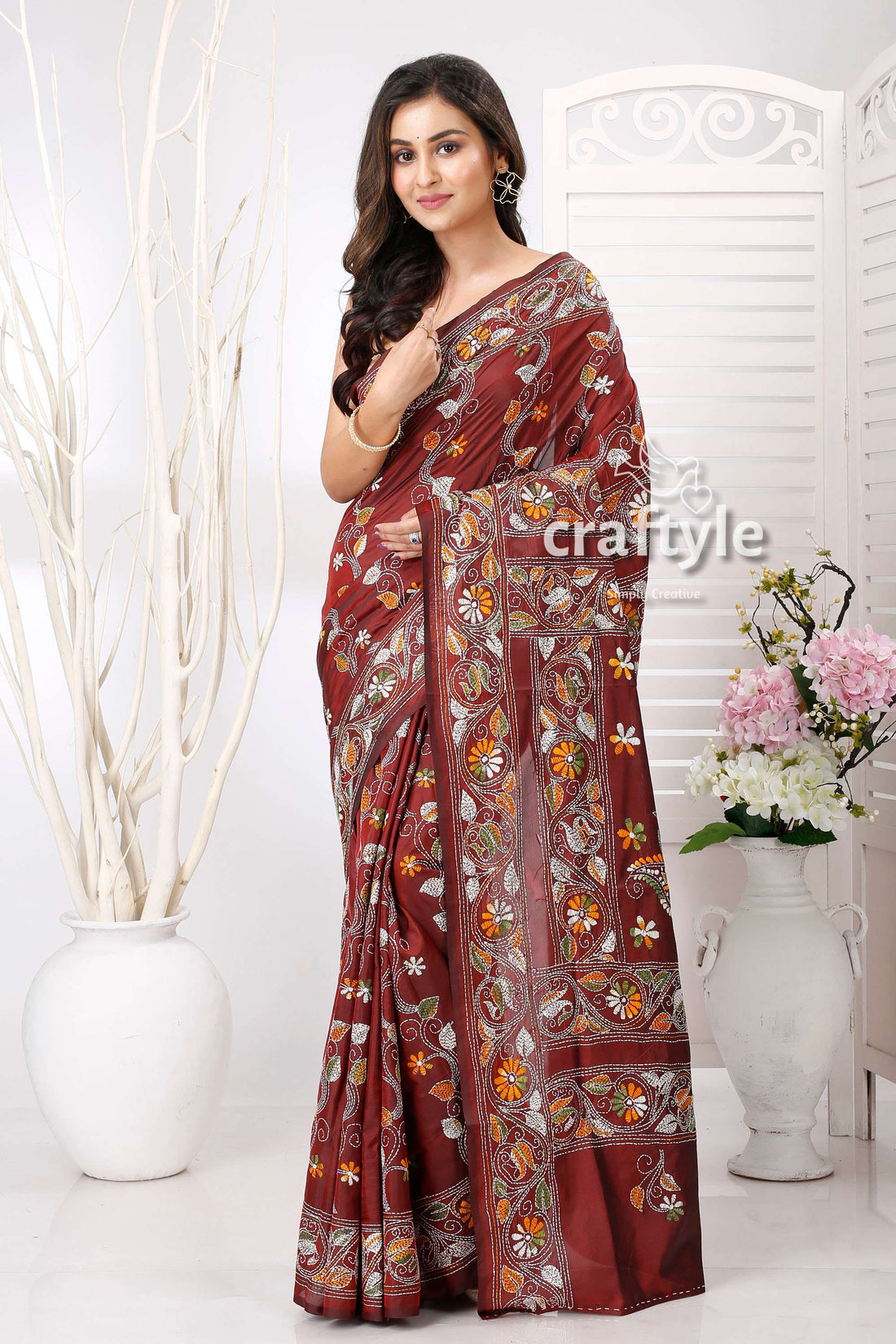 Livid Brown Traditional Silk Kantha Work Saree - Craftyle