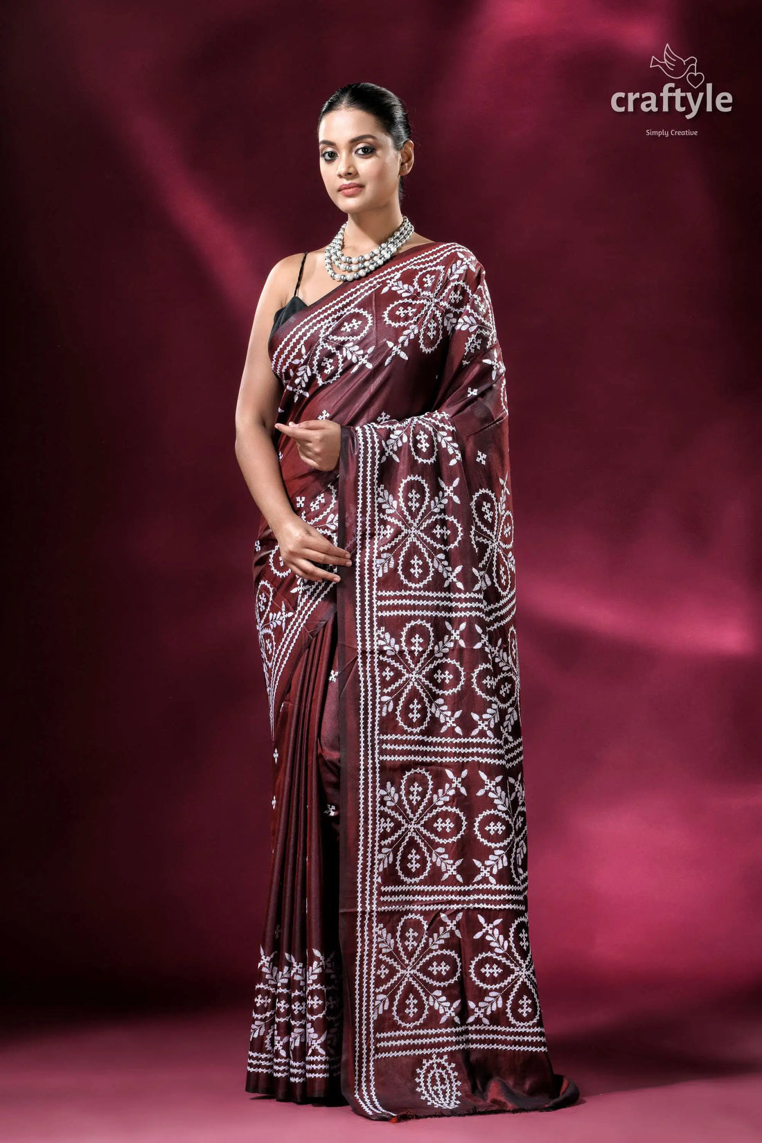 Livid brown white kutch work kantha silk saree maroon saree white embroidery 1