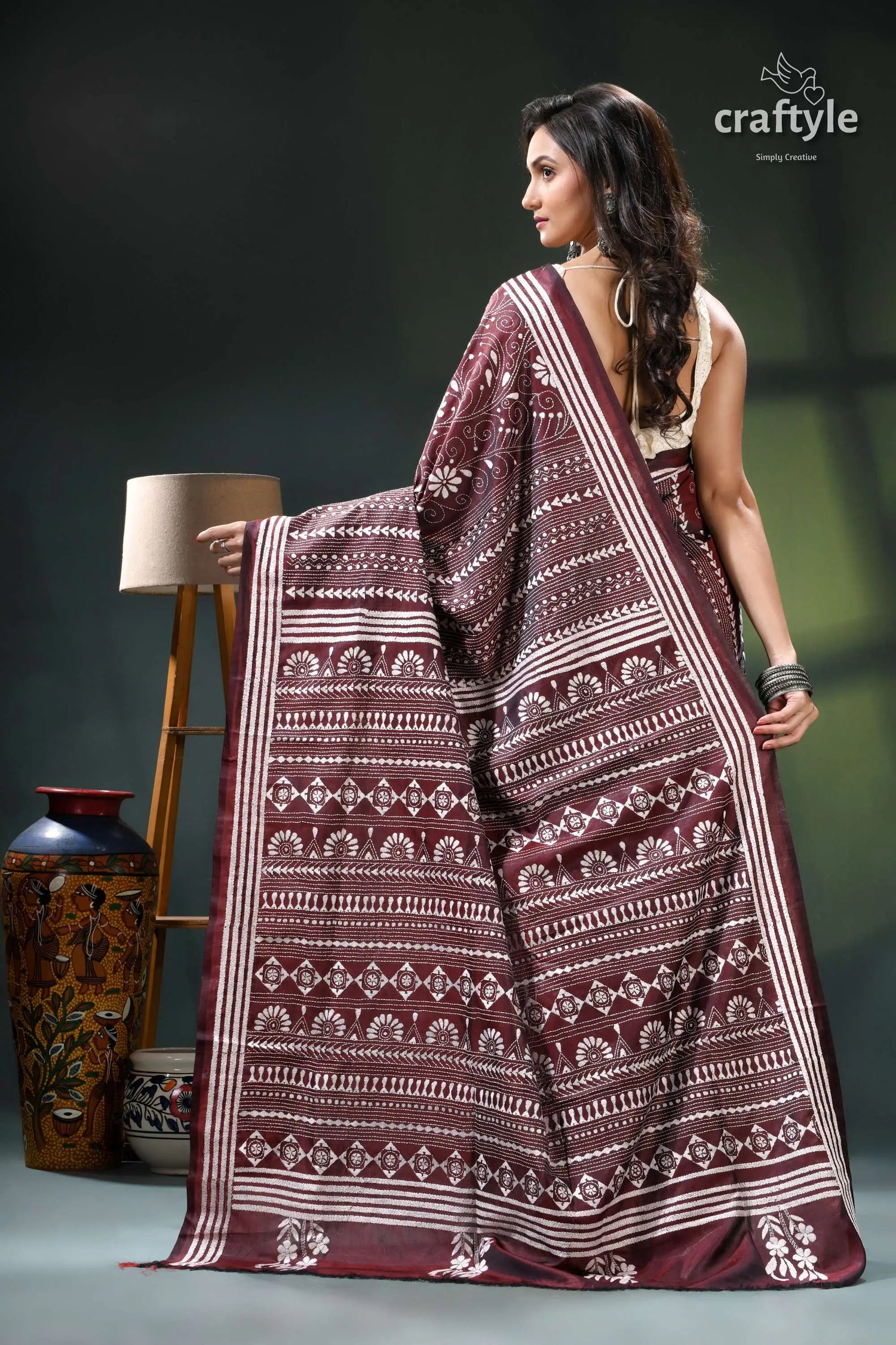 Livid brown white thread work handmade silk kantha saree maroon white patterned saree intricate 5