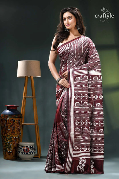 Livid brown white thread work handmade silk kantha saree maroon white saree intricate batik 3