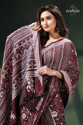 Livid brown white thread work handmade silk kantha saree maroon white floral patterned saree 2