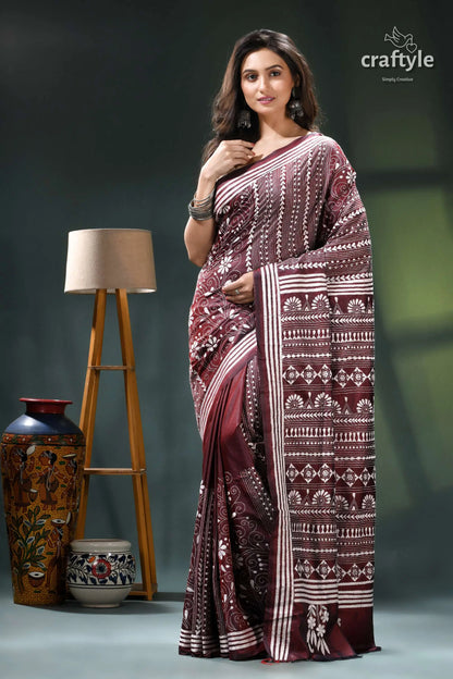 Livid brown white thread work handmade silk kantha saree maroon beige saree intricate white 6