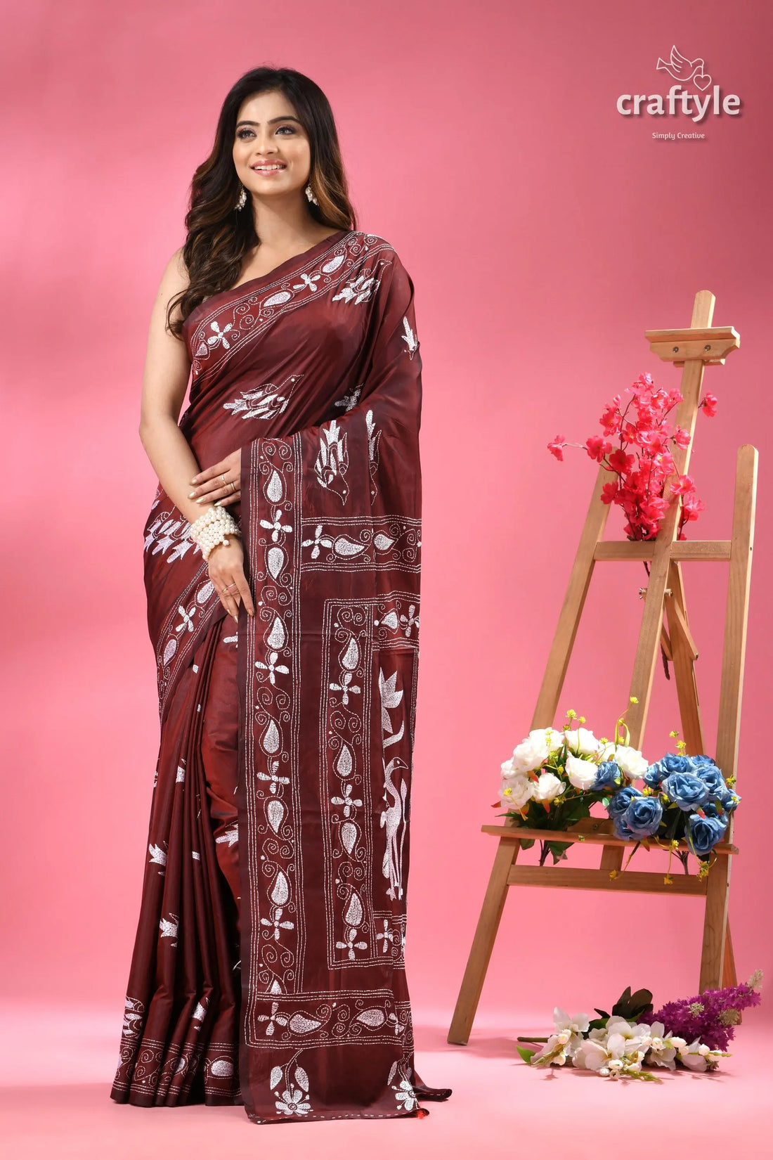 Livid brown white thread work kantha silk saree maroon silk saree white embroidered 1