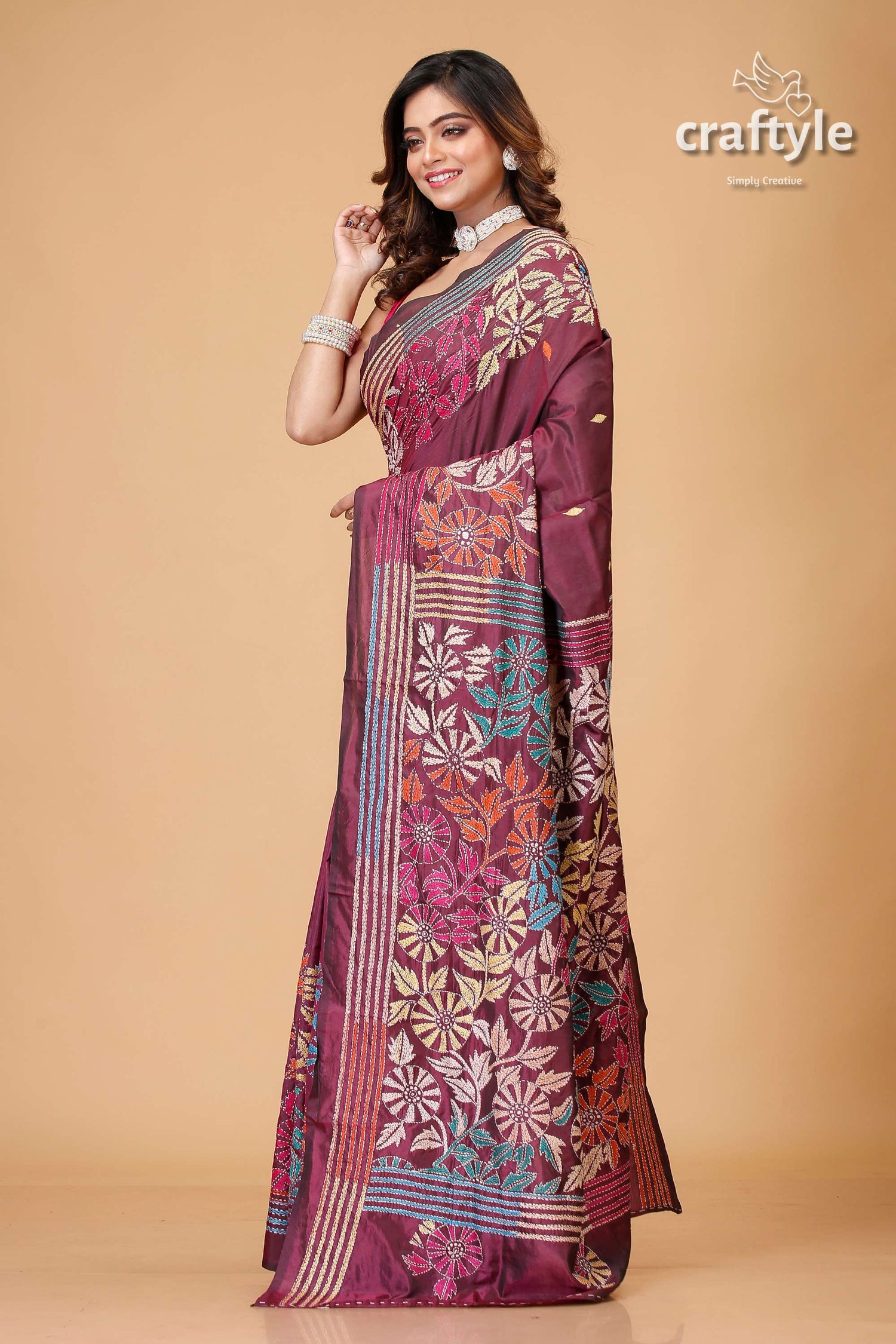 Livid Purple Multicolor Kantha Stitched Silk Saree - Craftyle