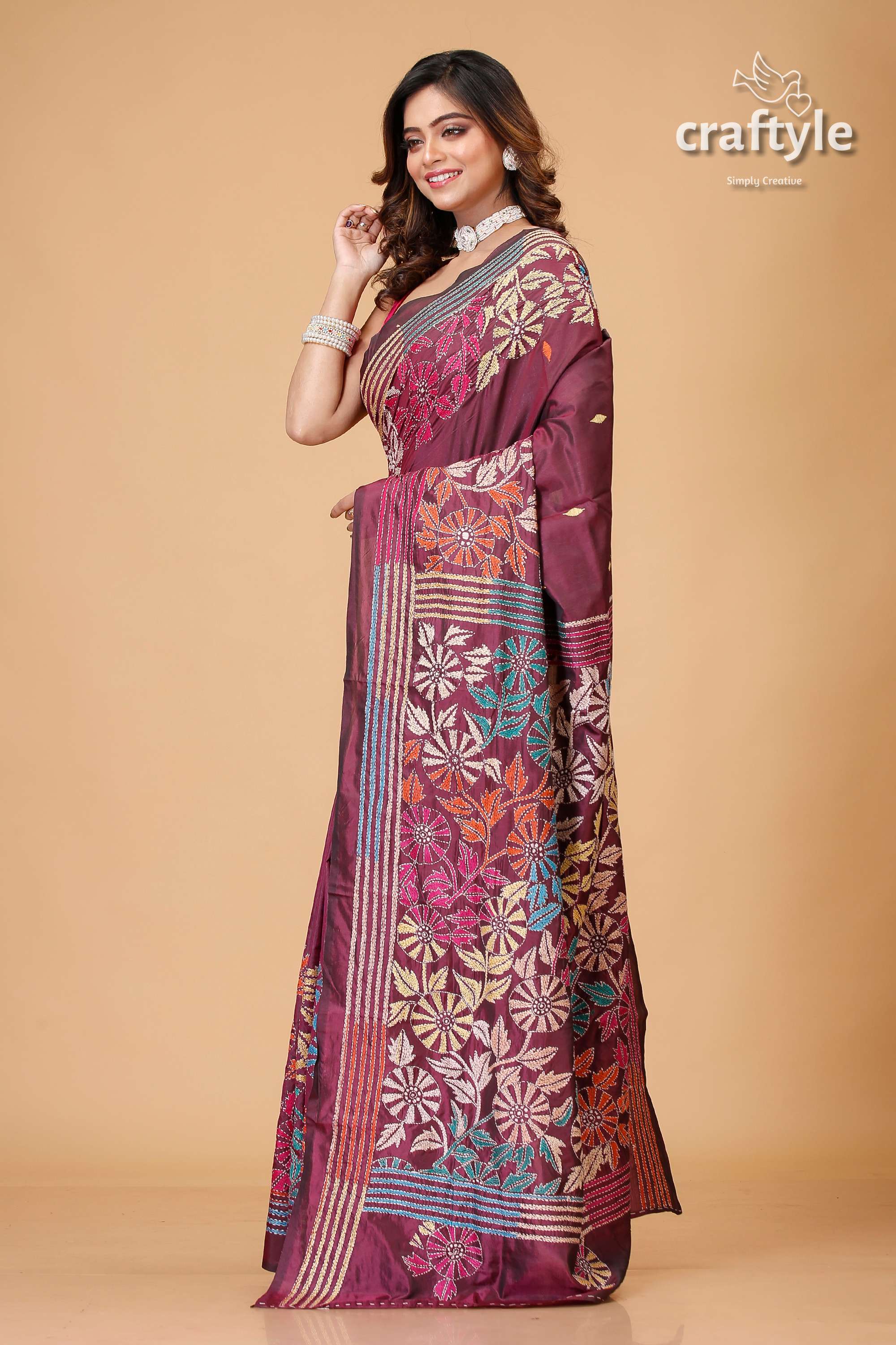 Livid Purple Multicolor Kantha Stitched Silk Saree - Craftyle
