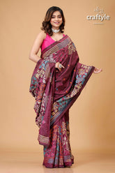Livid Purple Multicolor Kantha Stitched Silk Saree - Craftyle