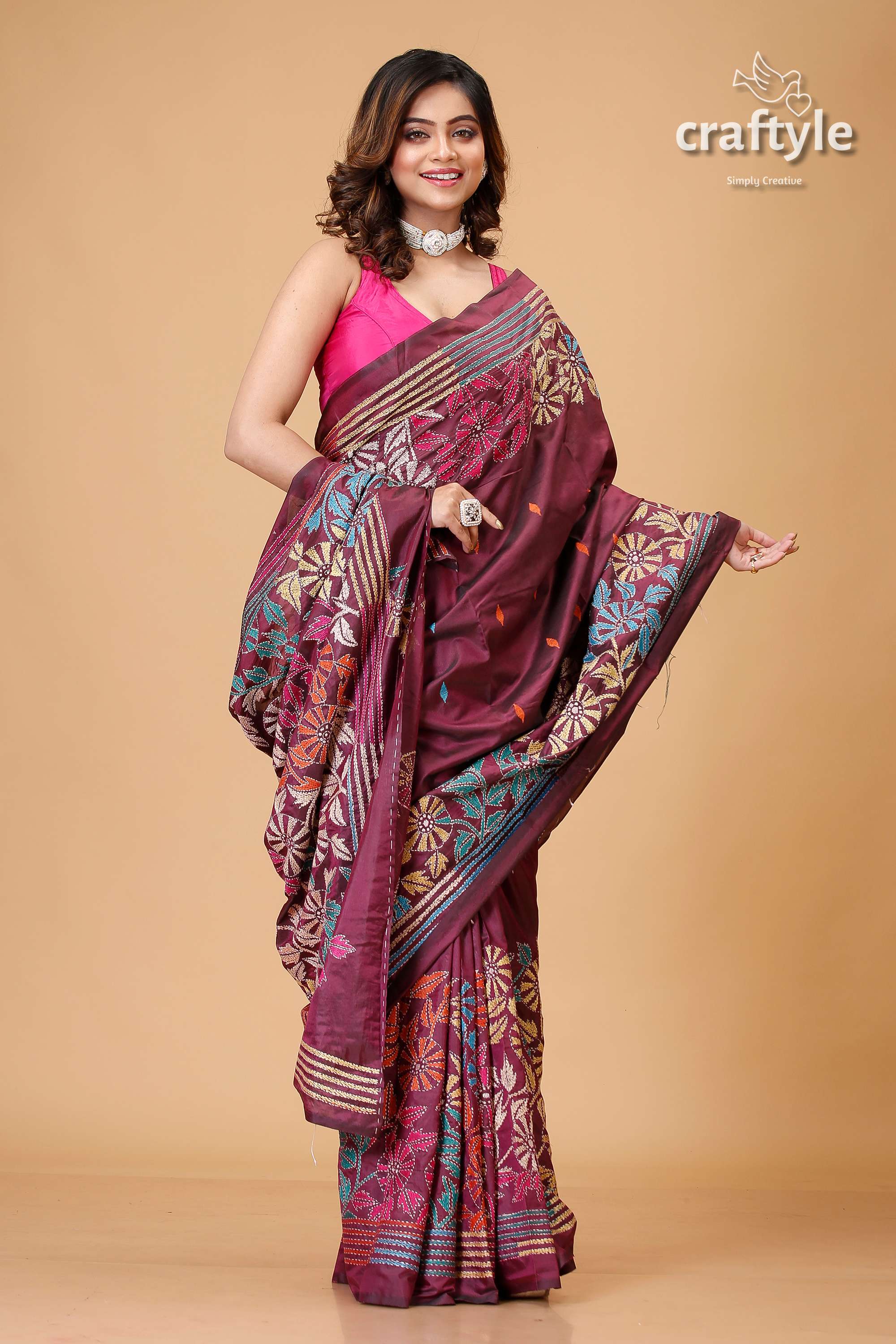 Livid Purple Multicolor Kantha Stitched Silk Saree - Craftyle