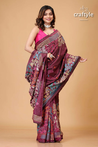 Livid Purple Multicolor Kantha Stitched Silk Saree - Craftyle