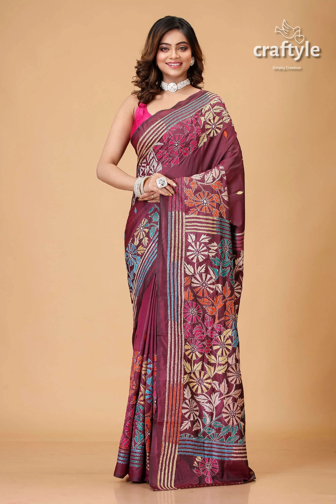 Livid purple multicolor kantha stitched silk saree maroon saree floral embroidery 1