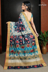 Lotus motif hand painted kalamkari saree - zari border pure tussar navy blue floral saree gold 5
