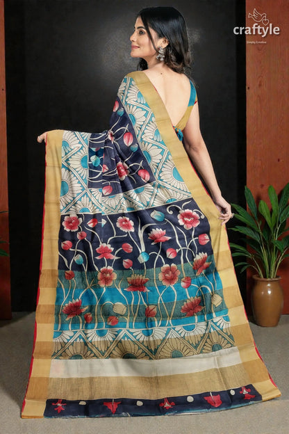 Lotus motif hand painted kalamkari saree - zari border pure tussar navy blue floral saree gold 5