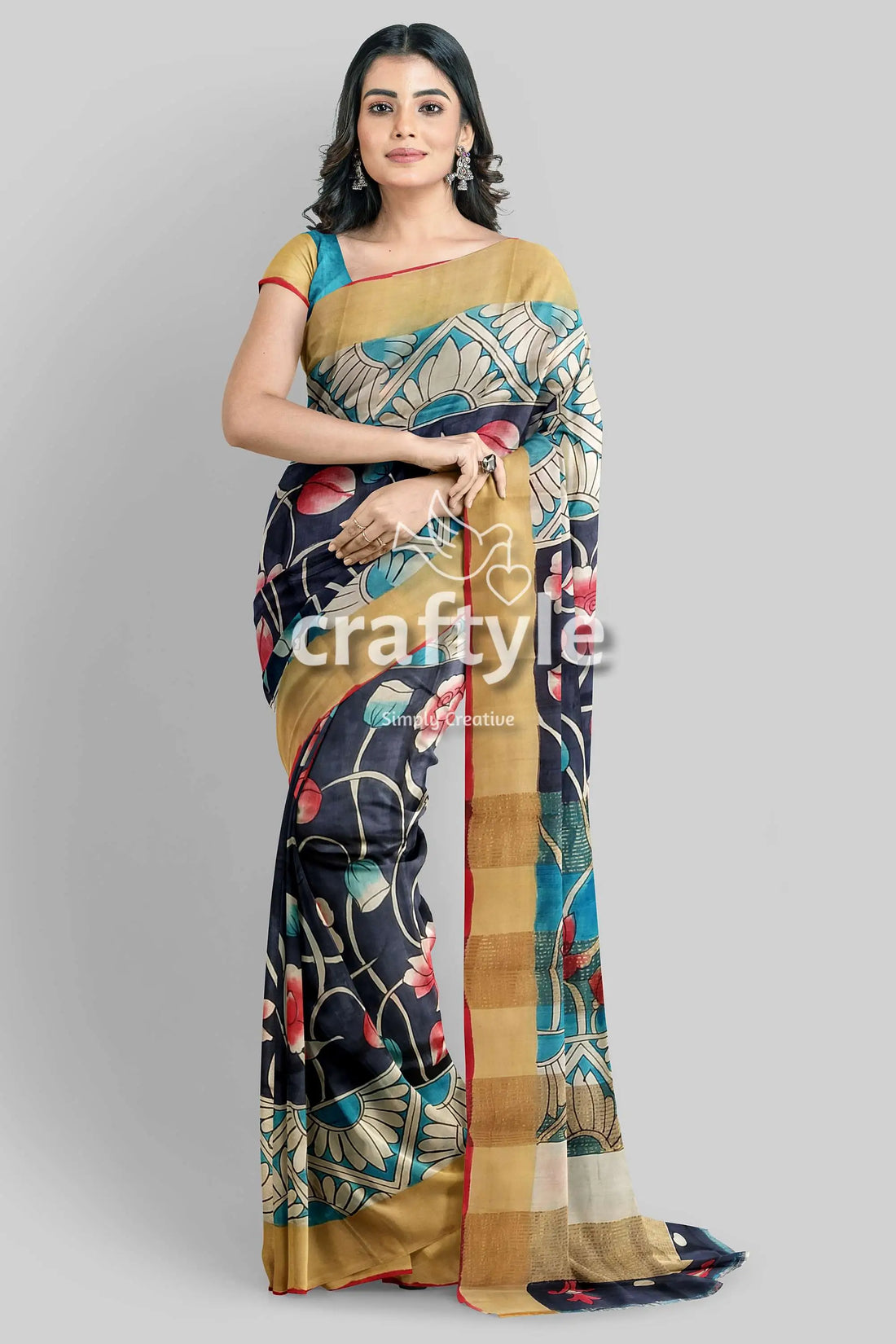 Lotus motif hand painted kalamkari saree - zari border pure tussar woman floral-patterned saree 2