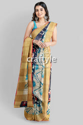 Lotus Motif Hand Painted Kalamkari Saree - Zari Border Pure Tussar Saree - Craftyle