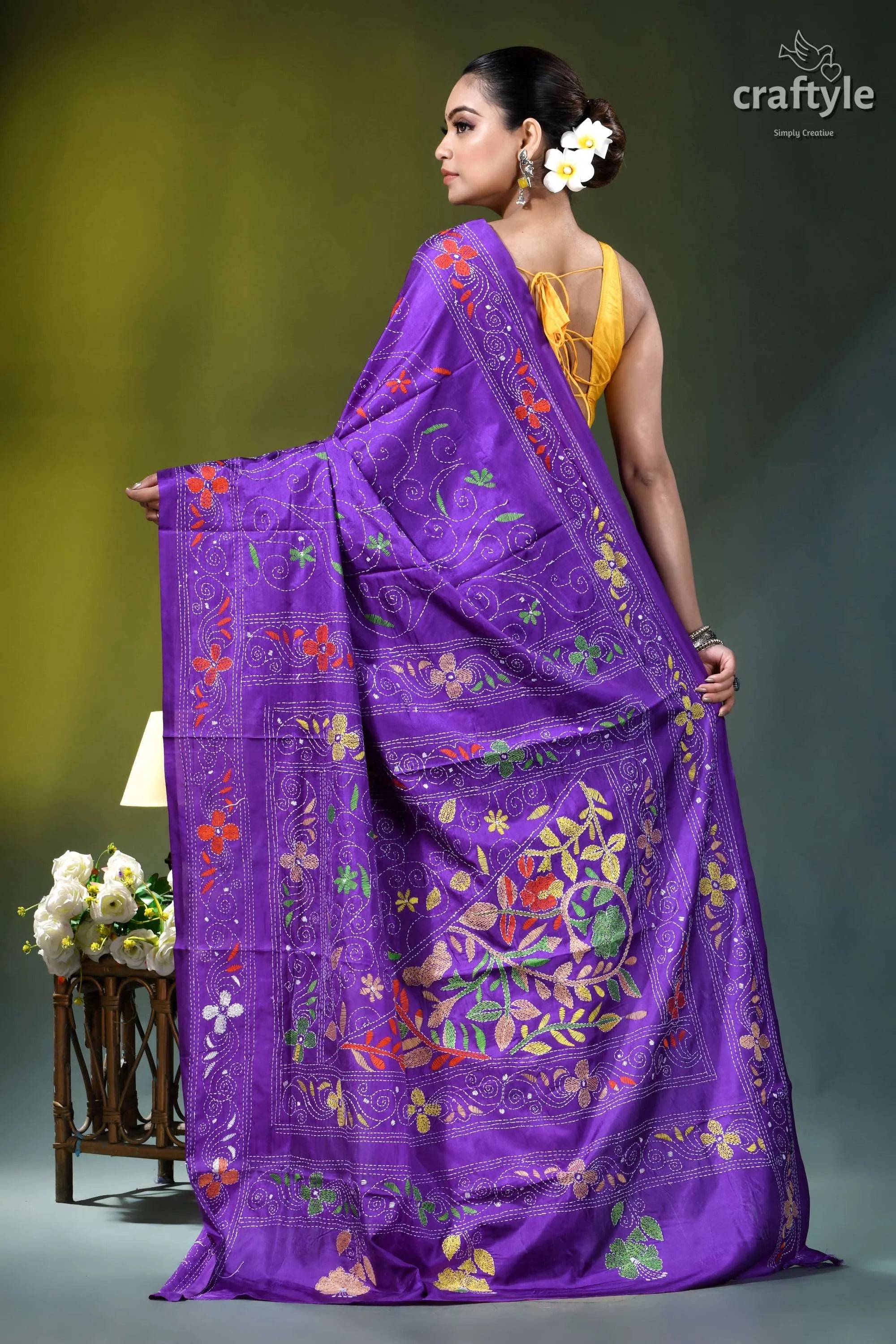 Lovely purple floral motif handcrafted silk kantha stitch saree purple silk saree intricate floral 5