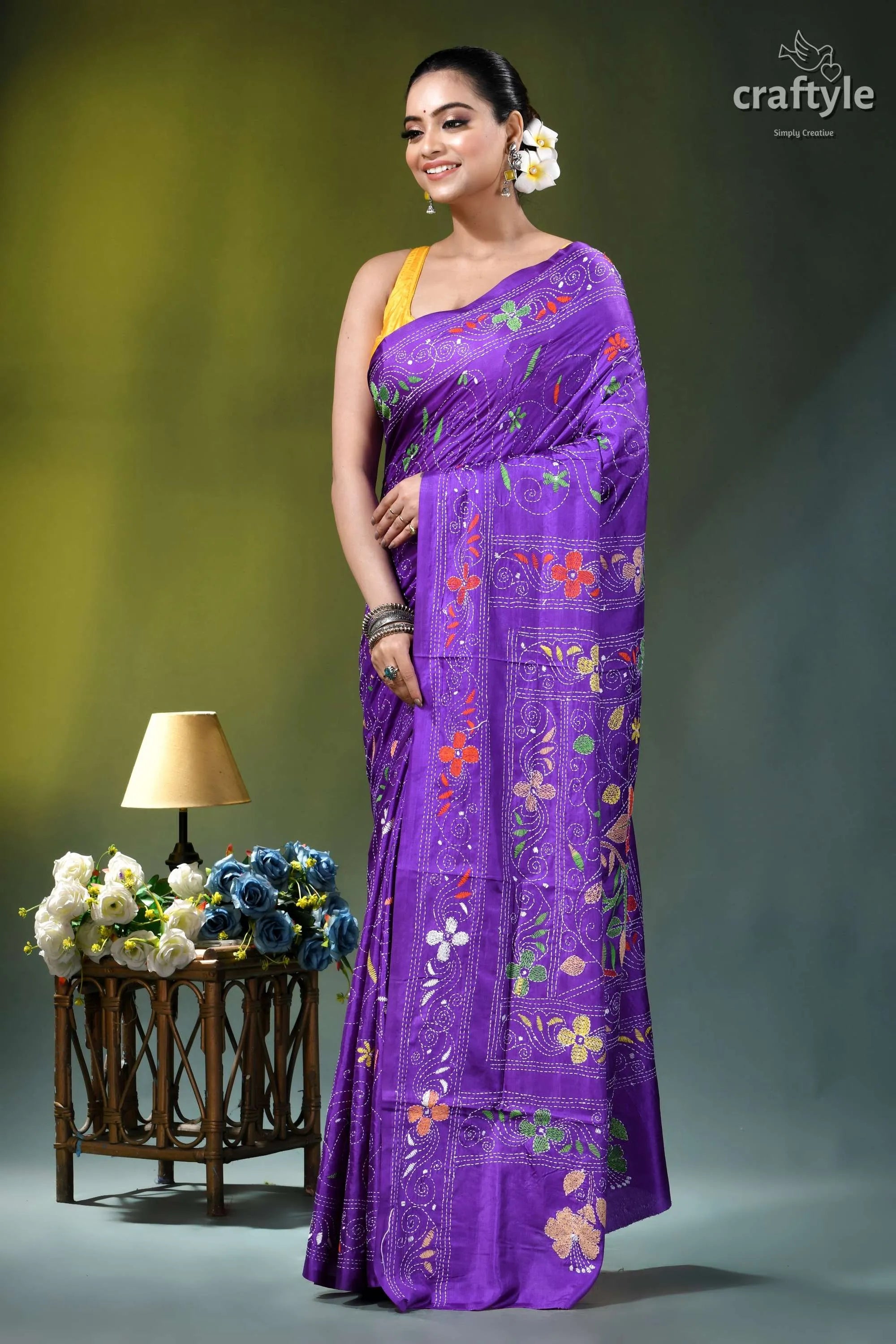 Lovely purple floral motif handcrafted silk kantha stitch saree vibrant purple silk saree adorned 3