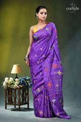 Lovely purple floral motif handcrafted silk kantha stitch saree purple silk saree intricate floral 4