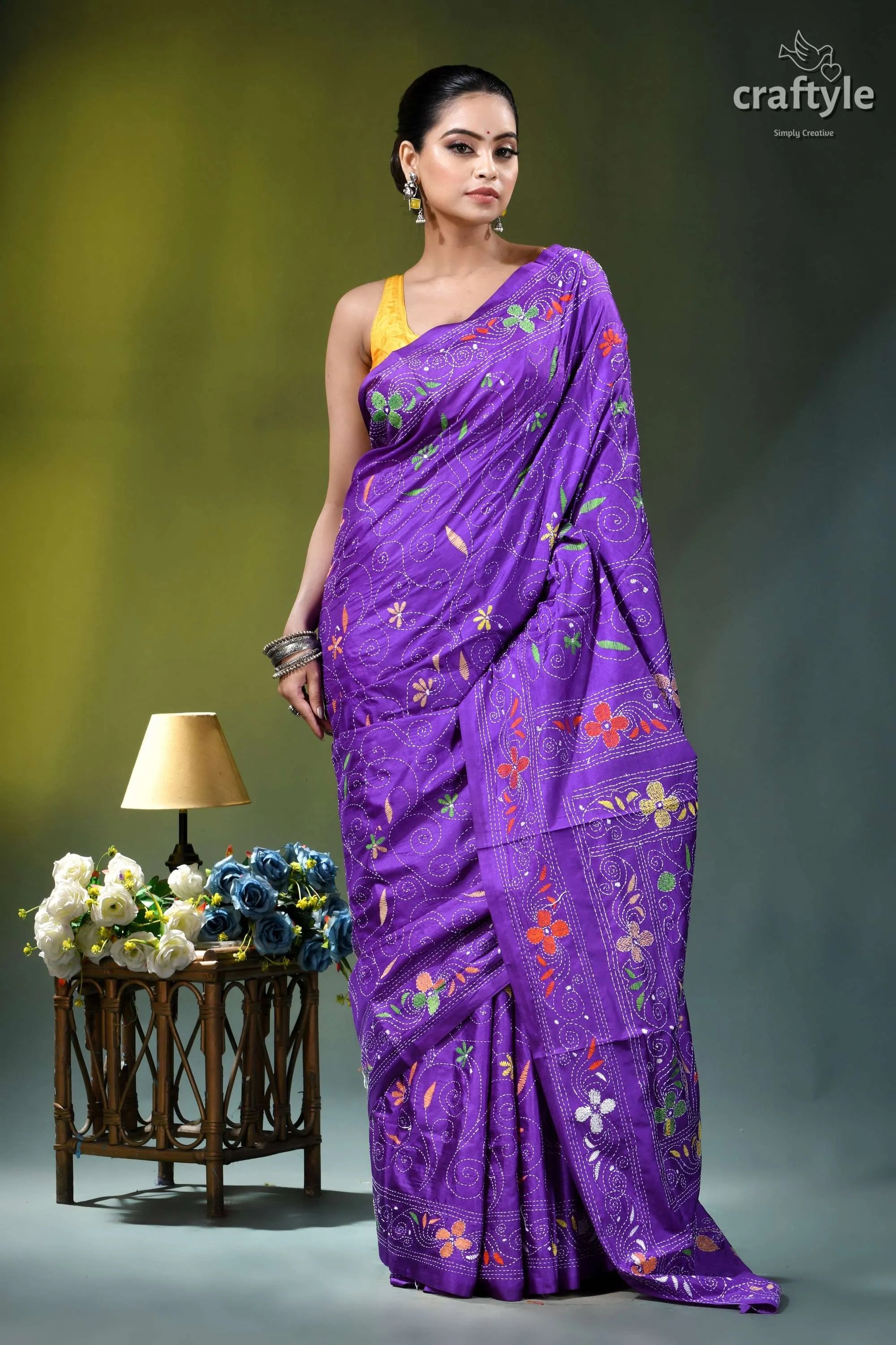 Lovely purple floral motif handcrafted silk kantha stitch saree purple silk saree intricate floral 4