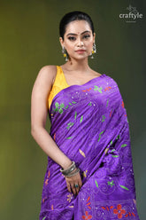 Lovely purple floral motif handcrafted silk kantha stitch saree vibrant purple saree intricate floral 2