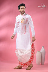 Ma durga festival theme cotton punjabi for men men’s white kurta intricate red 4