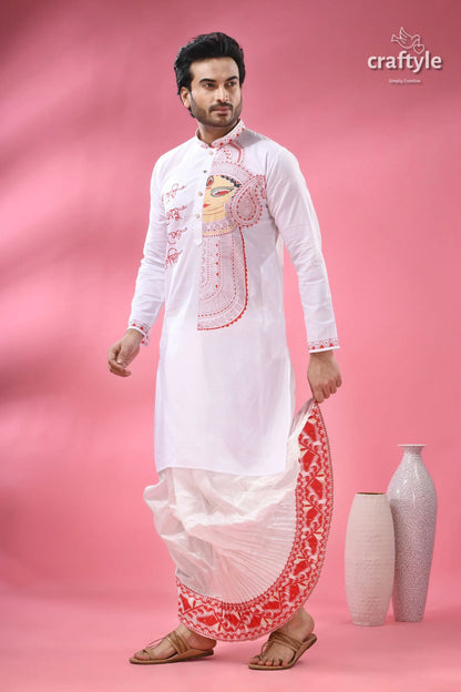 Ma durga festival theme cotton punjabi for men men’s white kurta intricate red 4