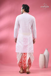 Ma durga festival theme cotton punjabi for men men’s white kurta red embroidery 7