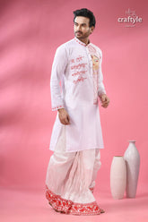 Ma durga festival theme cotton punjabi for men men’s white kurta red embroidery 3