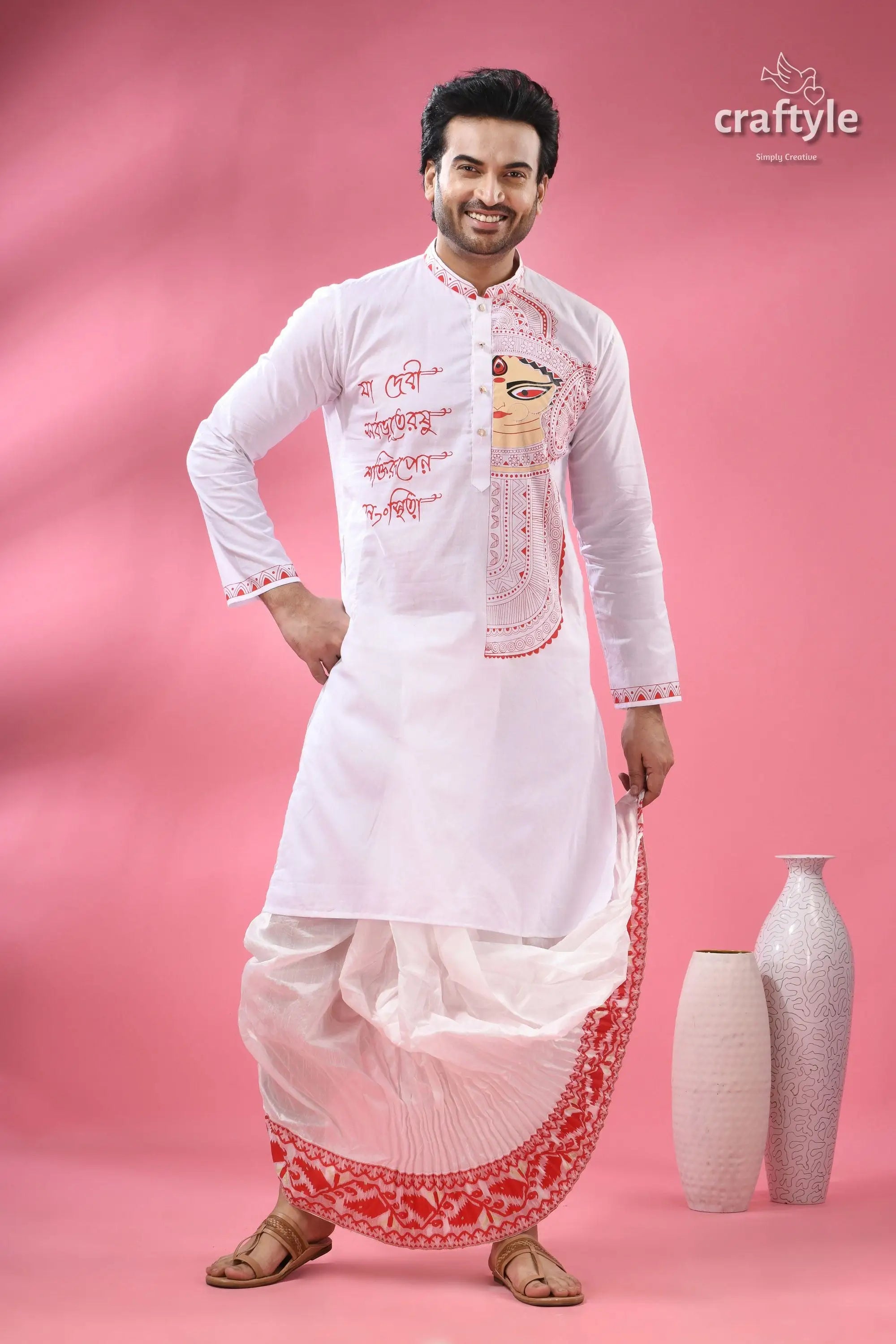 Ma durga festival theme cotton punjabi for men men’s white kurta red embroidered 6
