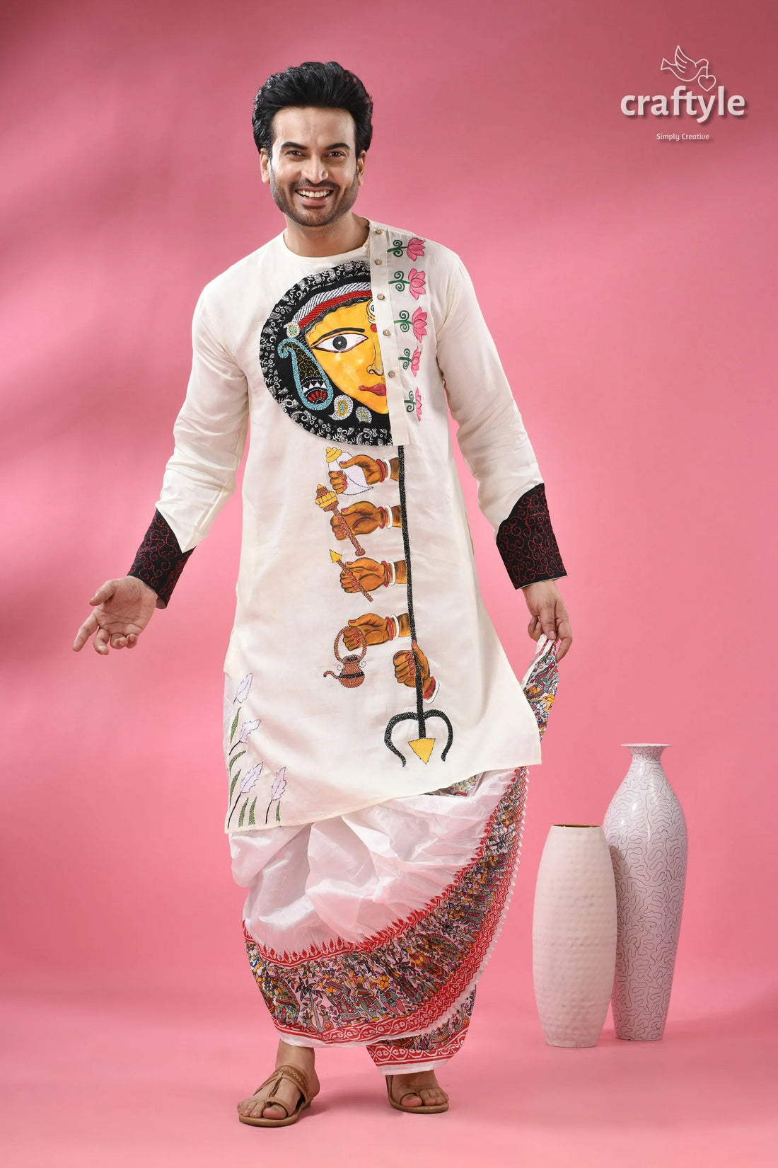 Ma durga theme menās cotton punjabi - hand painting with kantha stitch menās white kurta hand-painted artwork 1