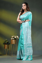 Macaw blue green hand embroidered floral silk kantha saree 3