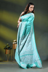 Macaw blue green hand embroidered floral silk kantha saree 5