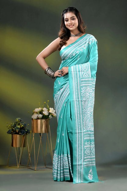 Macaw blue green hand embroidered floral silk kantha saree 7