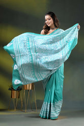 Macaw blue green hand embroidered floral silk kantha saree 4