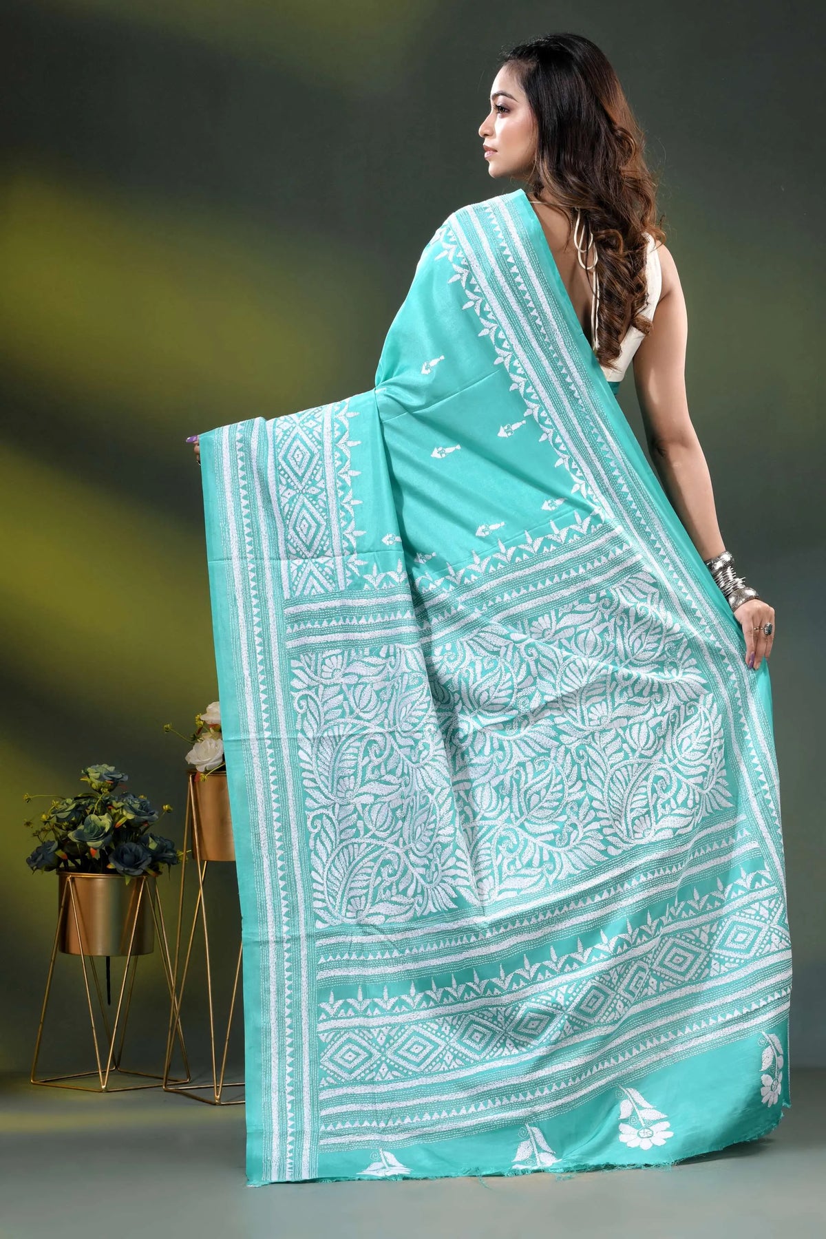 Macaw blue green hand embroidered floral silk kantha saree 6