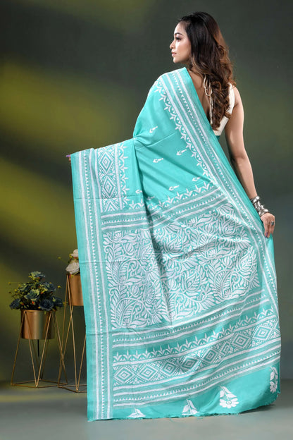 Macaw blue green hand embroidered floral silk kantha saree 6