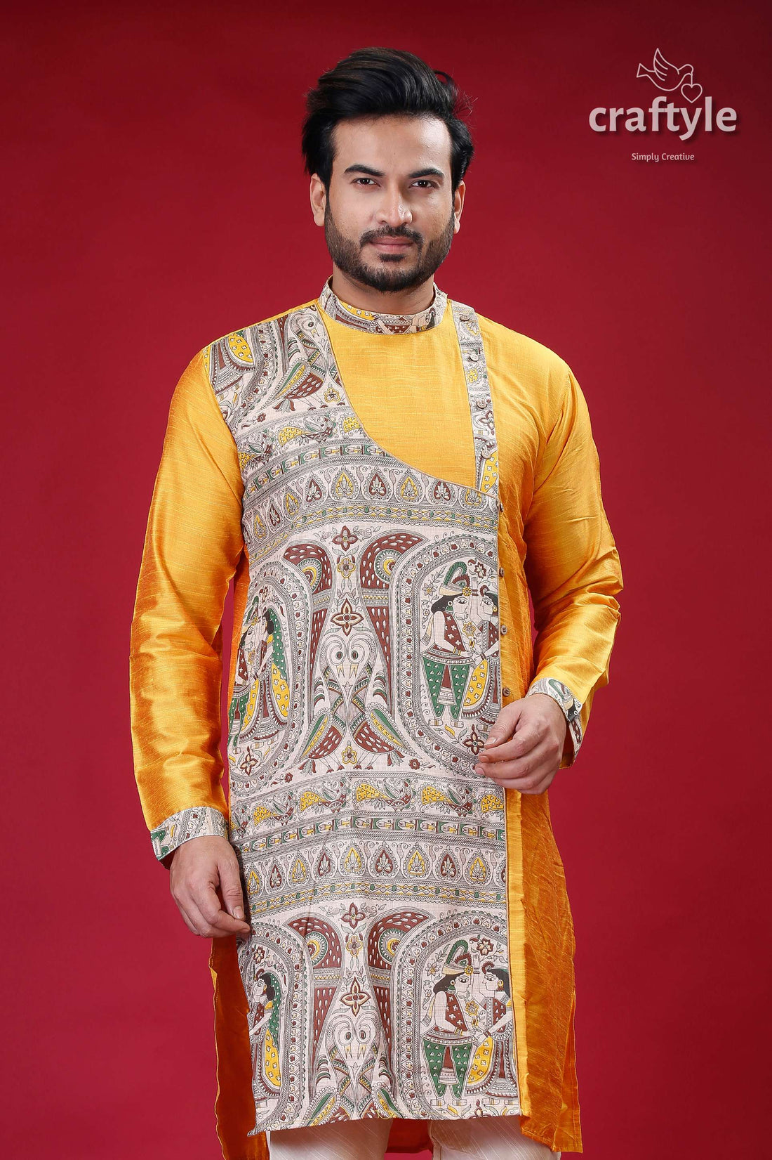 Madhubani Design Marigold Yellow Silk Kurta for Men - Craftyle