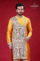 Madhubani Design Marigold Yellow Silk Kurta for Men - Craftyle