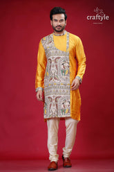 Madhubani Design Marigold Yellow Silk Kurta for Men - Craftyle