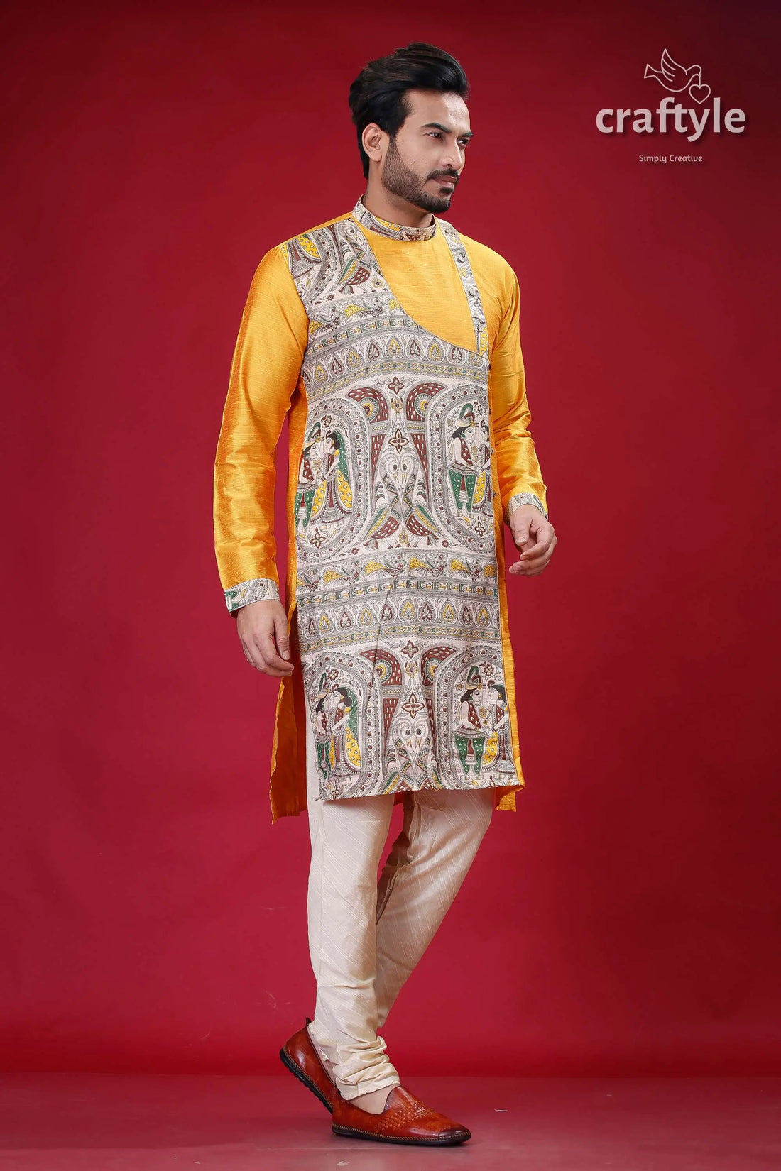 Madhubani design marigold yellow silk kurta for men man yellow kurta painted design 1