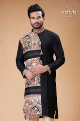 Madhubani Design Silk Kurta for Men in Elegant Ebony Black - Craftyle