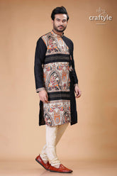 Madhubani Design Silk Kurta for Men in Elegant Ebony Black - Craftyle