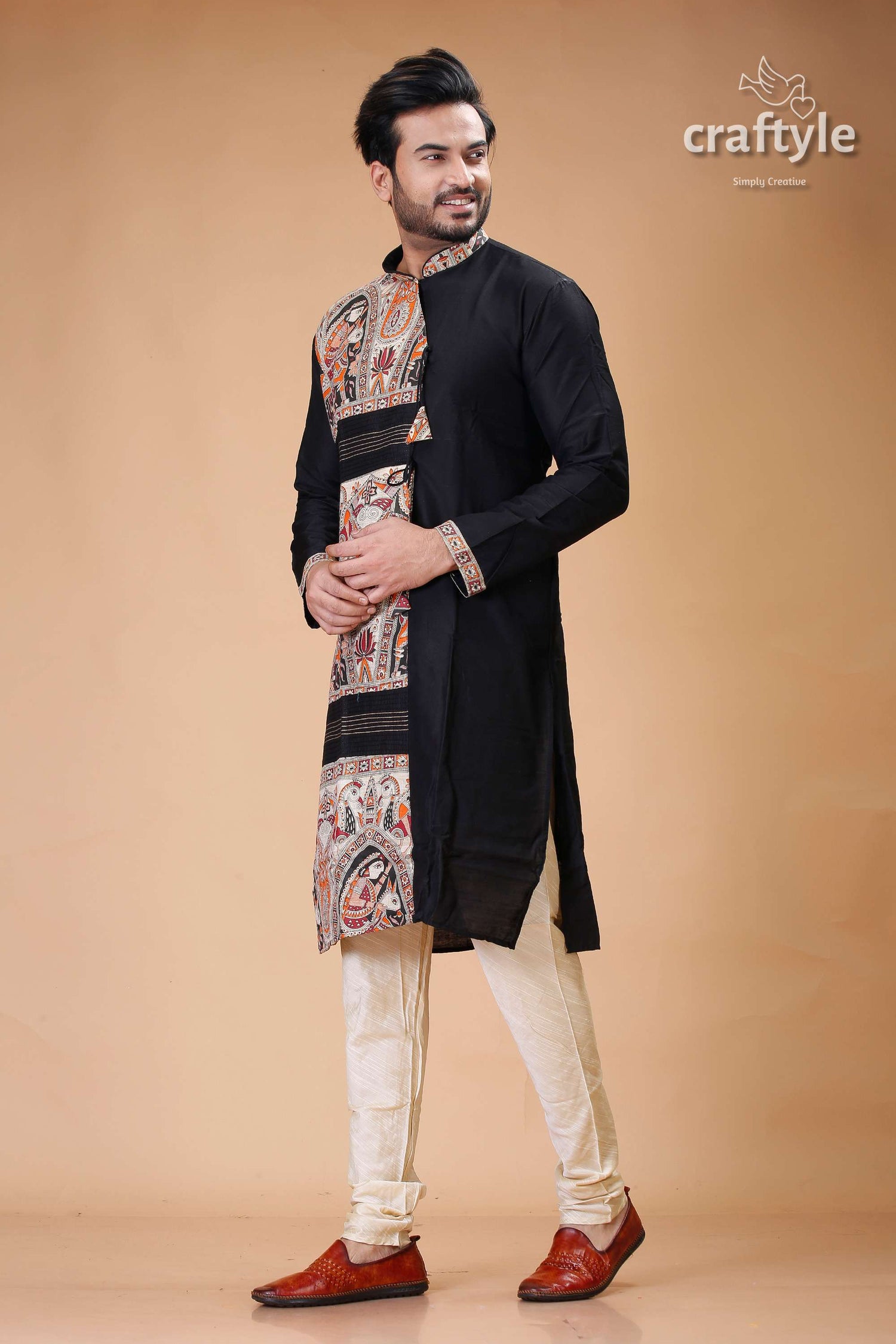 Madhubani Design Silk Kurta for Men in Elegant Ebony Black - Craftyle